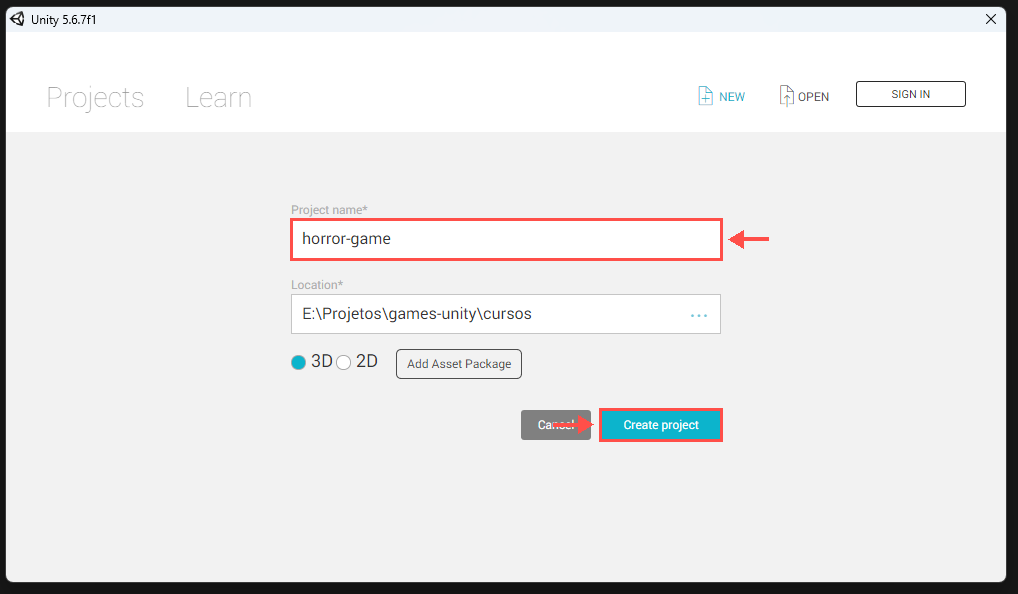 Janela de criação com Project name horror-game e botão Create project destacados