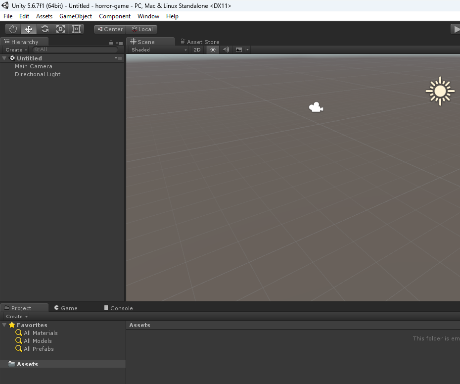 Editor Unity recém-aberto mostrando Hierarchy, Scene e Project