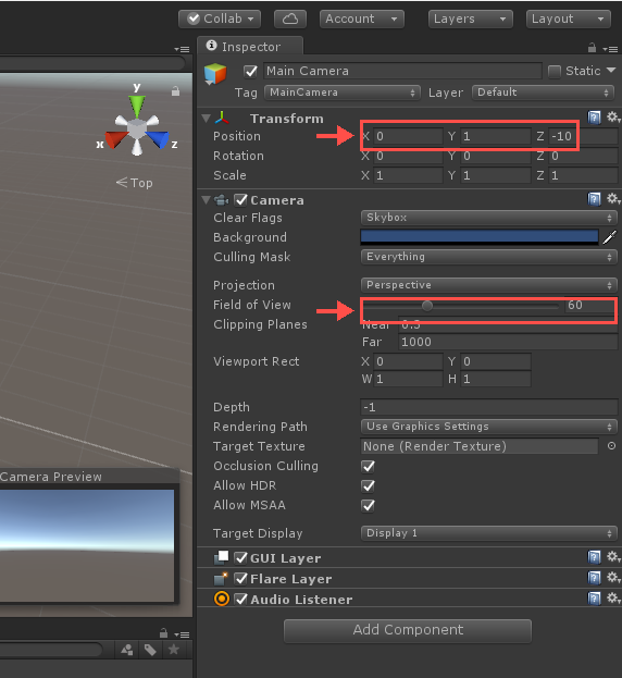 Inspector da Main Camera com Position 0, 1, -10 e Field of View 60