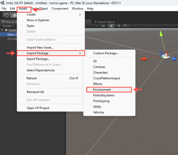 Menu Assets Import Package com a opção Environment destacada