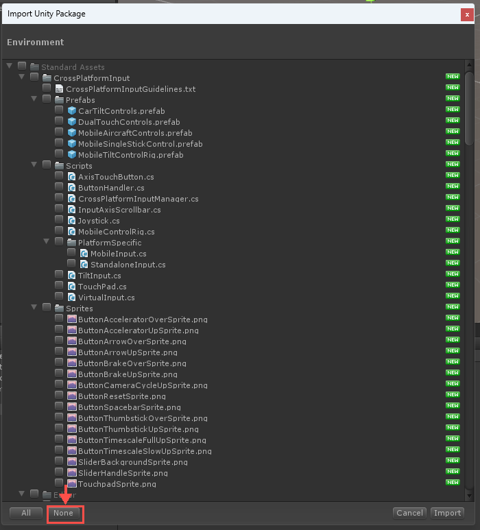 Janela Import Unity Package Environment com a lista desmarcada