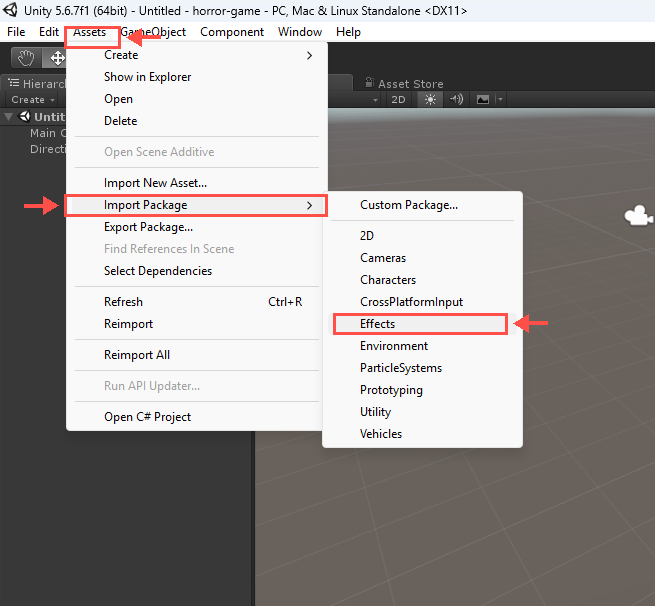 Menu Assets Import Package com a opção Effects destacada