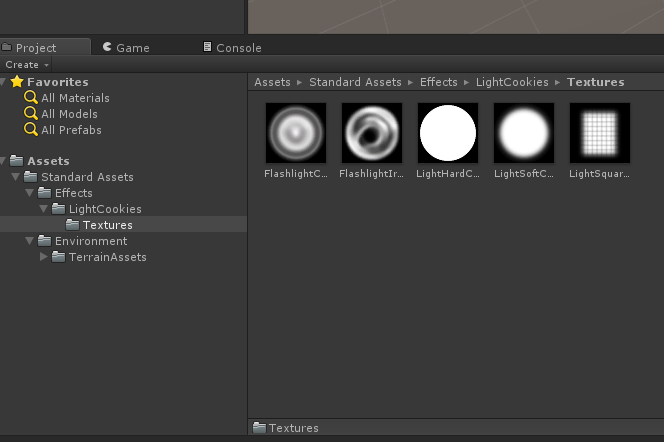 Cinco texturas de cookie incluindo FlashlightCookie