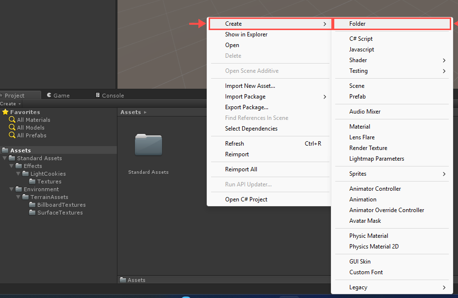 Menu Create Folder no painel Project