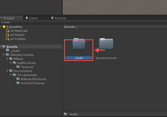 Pasta sendo nomeada como _Audio no Project