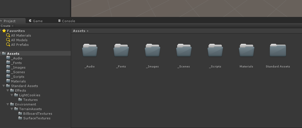 Project com as seis pastas do curso e Standard Assets