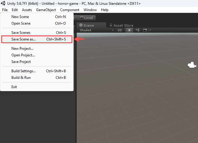 Menu File com Save Scene as... destacado