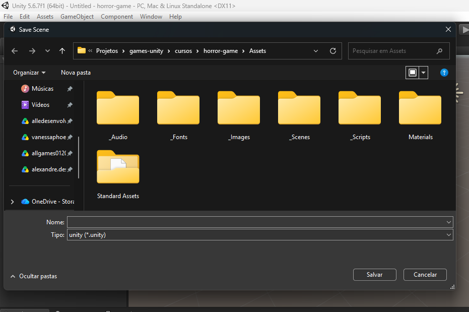 Janela Save Scene do Windows na pasta Assets