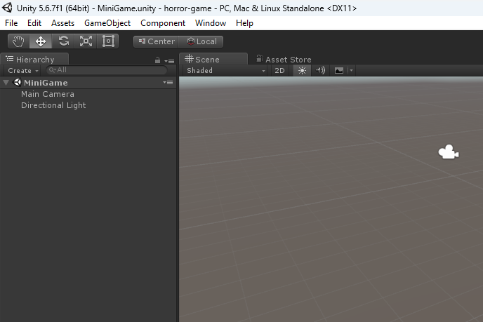 Editor com MiniGame.unity no título e MiniGame na Hierarchy
