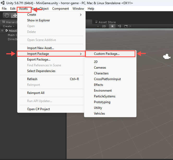 Menu Assets Import Package com Custom Package destacado