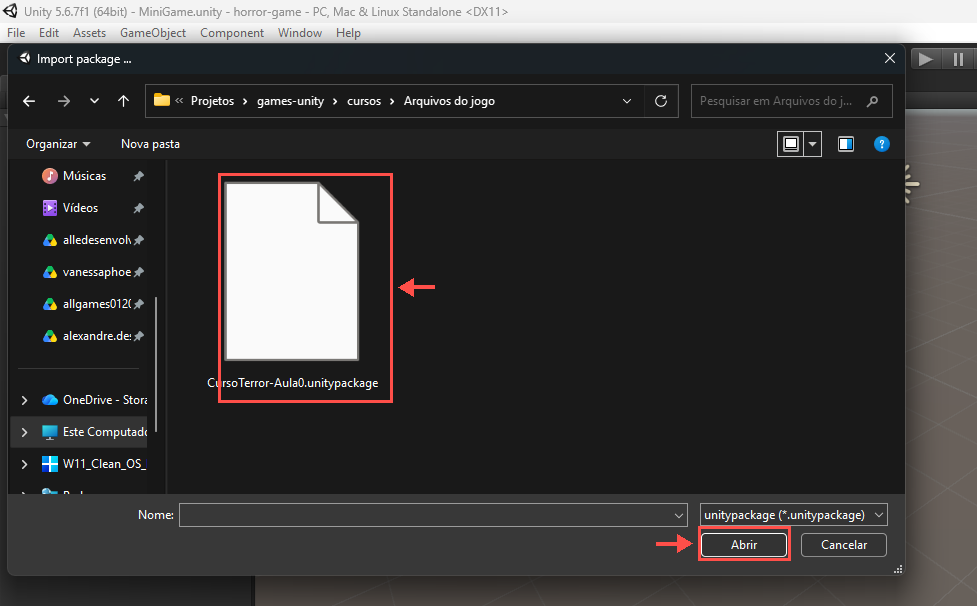Janela Import package com CursoTerror-Aula0.unitypackage selecionado