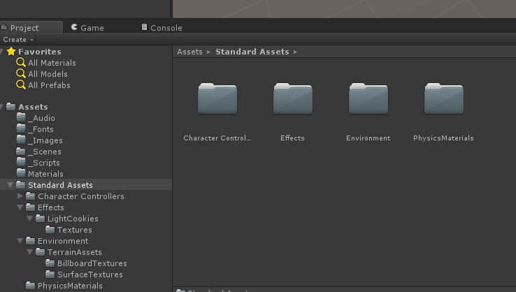 Standard Assets com Character Controllers, Effects, Environment e PhysicsMaterials